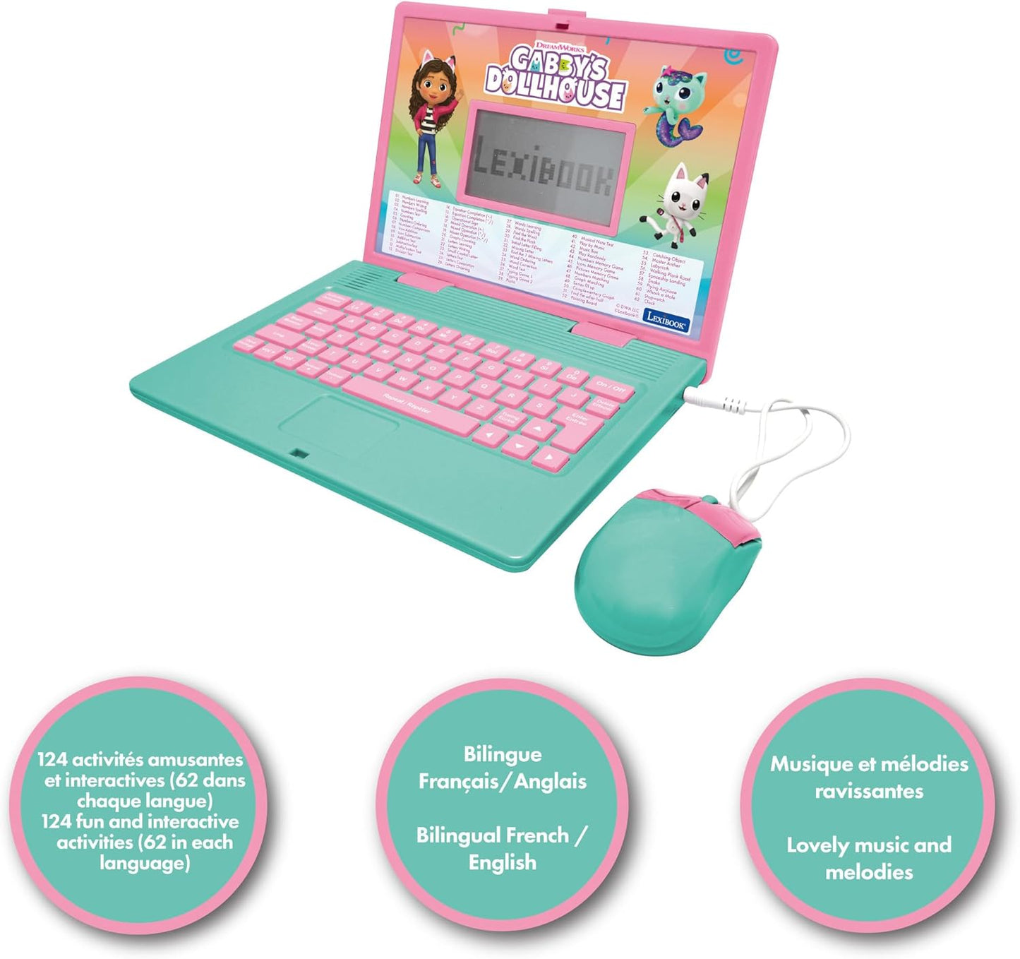 LEXIBOOK, Casa de Bonecas da Gabby, Computador educativo bilíngue INGLÊS/FRANCÊS, Brinquedo para crianças com 124 atividades e jogos de linguagem, escrita, matemática, lógica e música, Rosa/Azul, JC598GDHi1