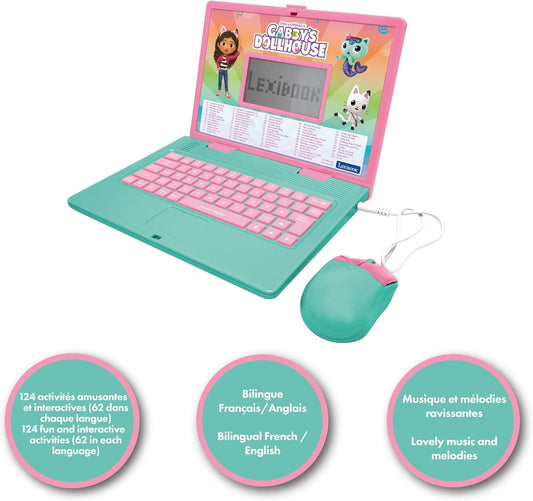 LEXIBOOK, Casa de Bonecas da Gabby, Computador educativo bilíngue INGLÊS/FRANCÊS, Brinquedo para crianças com 124 atividades e jogos de linguagem, escrita, matemática, lógica e música, Rosa/Azul, JC598GDHi1