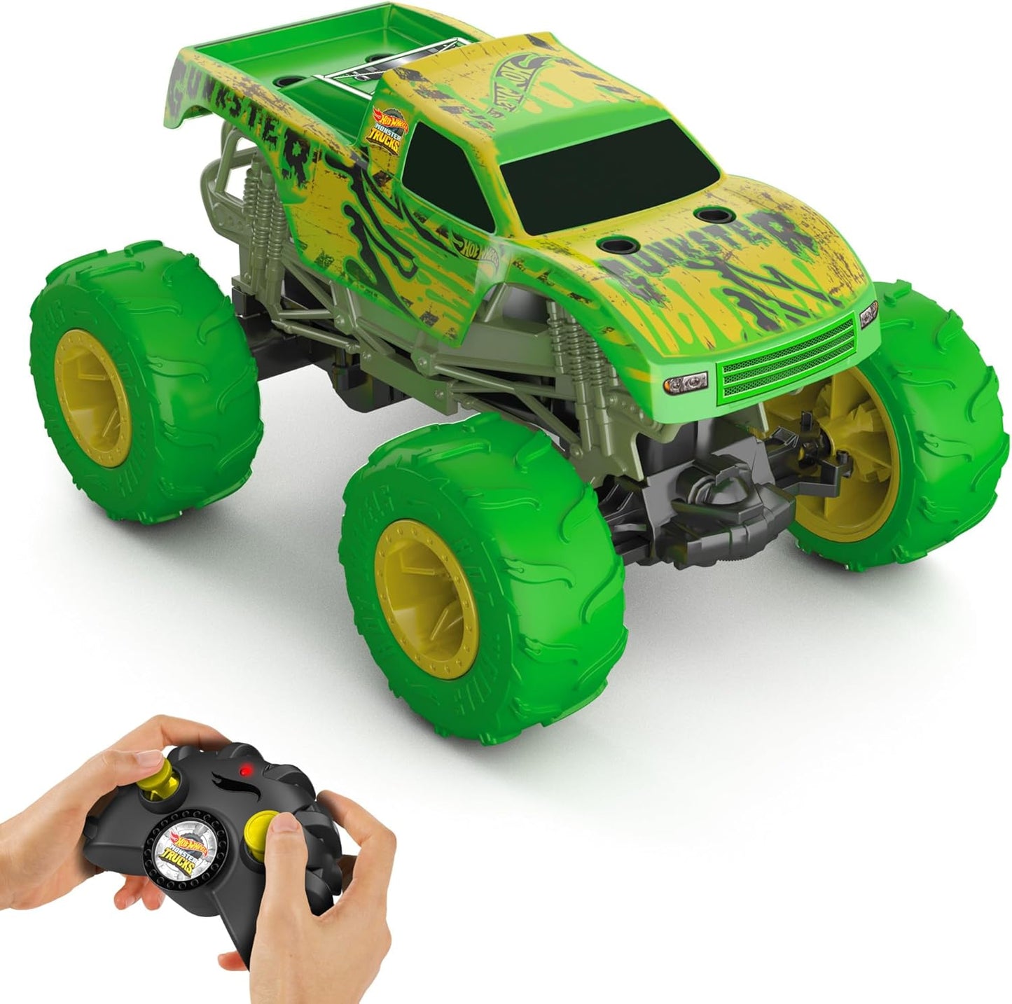 Hot Wheels Monster Trucks Gunkster RC Truck em escala 1:15, brilha no escuro, pneus Terrain Action com capacidade off-road, HTP15