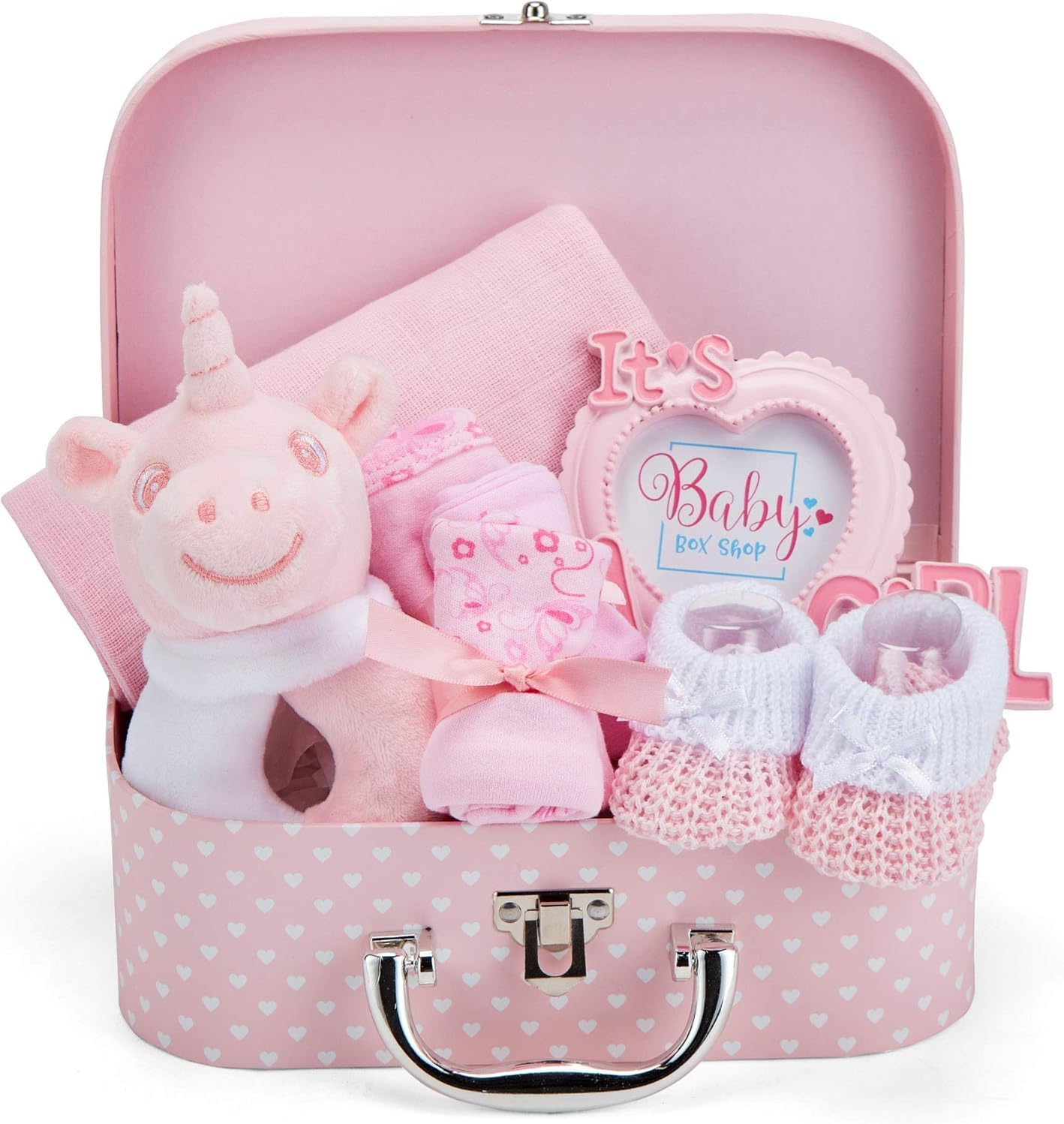 Baby Box Shop - Conjunto de presente para recém-nascidos - Cesta premium com chocalho para cachorro, porta-retratos, tecido de musselina, chá de bebê para recém-nascidos