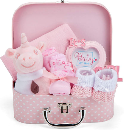Baby Box Shop - Conjunto de presente para recém-nascidos - Cesta premium com chocalho para cachorro, porta-retratos, tecido de musselina, chá de bebê para recém-nascidos