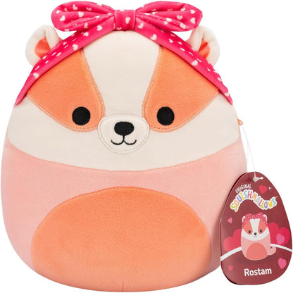 Squishmallows Original Rostam o texugo de pêssego de 7,5 polegadas com uma bandana de coração de pelúcia do dia dos namorados