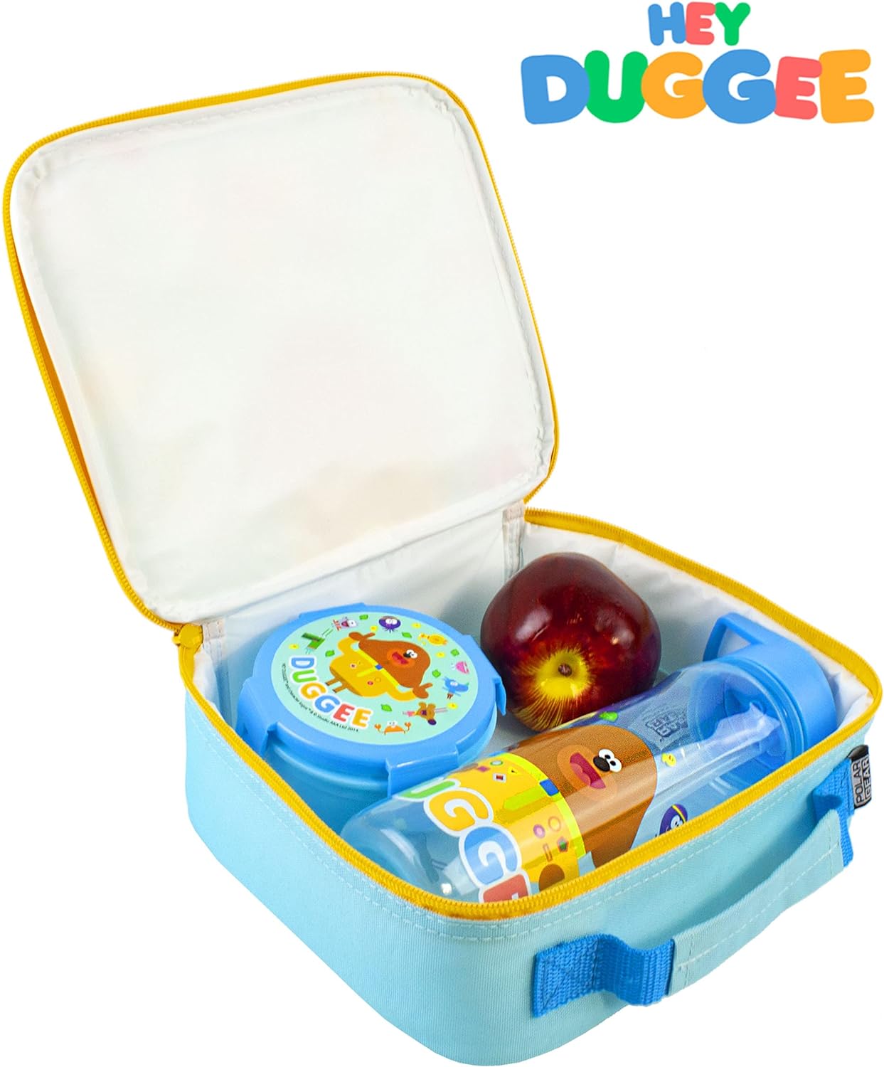 Hey Duggee Juego de lonchera para niños | Bolsa aislante para comida, botella de agua y snack | Aventura con personajes infantiles y femeninos | Divertido set de almuerzo con productos de la serie de televisión para jóvenes fanáticos del programa