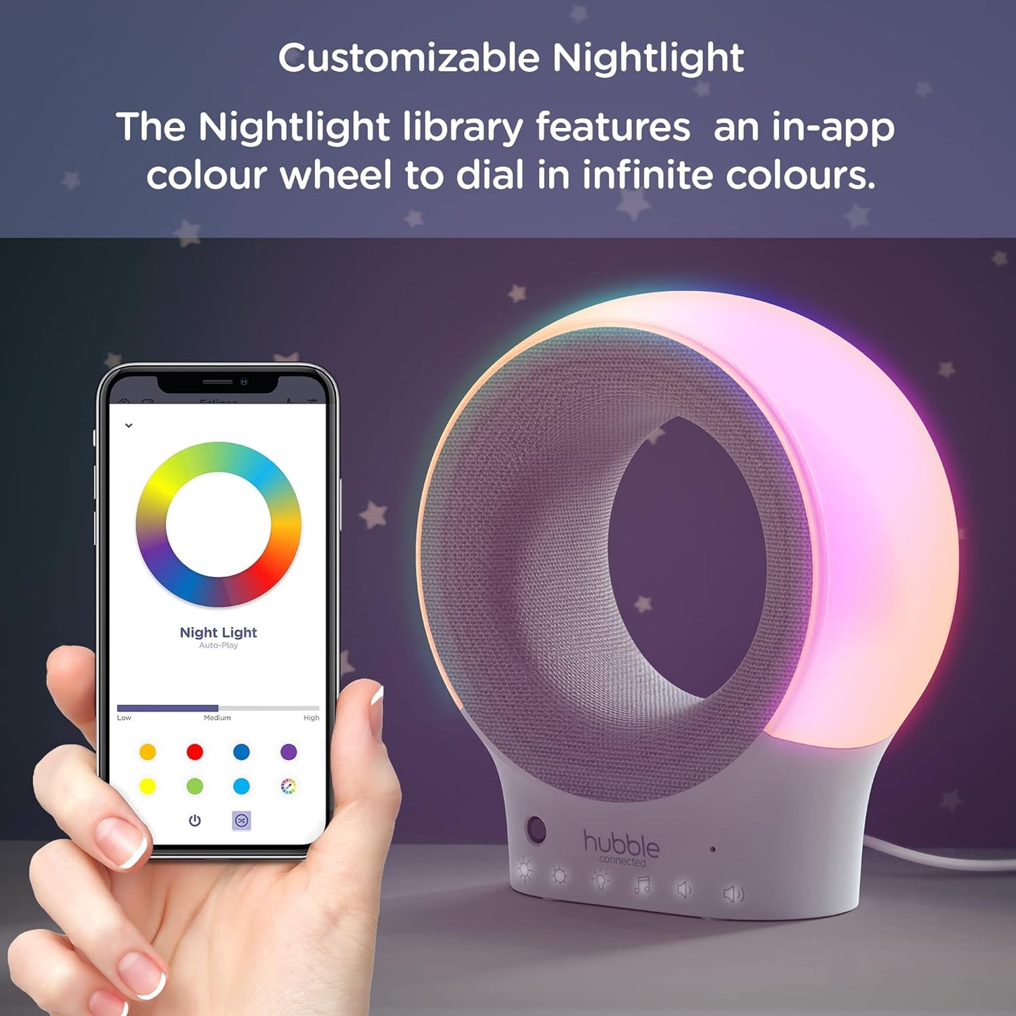Hubble Monitor de áudio e chupeta Eclipse Smart Baby com luz noturna de 7 cores, alto-falante com música calmante e faixas de sono, sensor de temperatura ambiente, treinador de sono com conectividade Wi-Fi