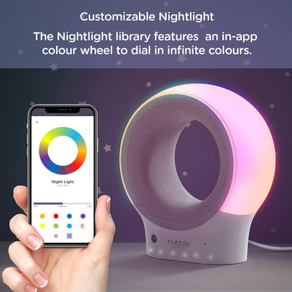 Hubble Monitor de áudio e chupeta Eclipse Smart Baby com luz noturna de 7 cores, alto-falante com música calmante e faixas de sono, sensor de temperatura ambiente, treinador de sono com conectividade Wi-Fi
