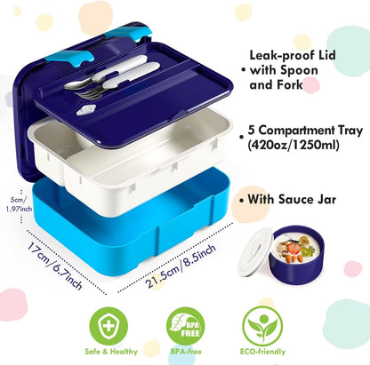 Lehoo Castle Lancheira infantil Bento, lancheira com 5 compartimentos, recipientes de almoço de 1,25L com pote de molho, colher e garfo para meninos e meninas, escola, à prova de vazamentos, sem BPA (dinossauro)