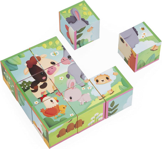 Janod - Quebra-cabeça de cubos de papelão para crianças e bebês - Tema fazenda - 9 cubos e 6 quebra-cabeças possíveis - Brinquedos para a primeira infância - Motricidade fina - Tinta à base de água - A partir de 2 anos, J03329