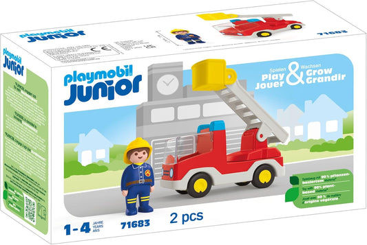 PLAYMOBIL 71683 JUNIOR: Carro de bombeiros com escada, com escada extensível e bombeiro, brinquedo sustentável feito de plástico de origem vegetal