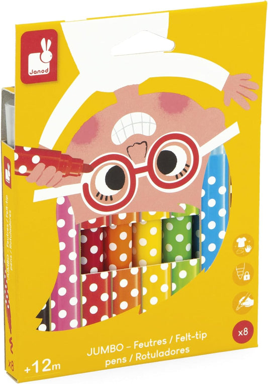 Janod - 8 marcadores coloridos grandes para crianças pequenas, a partir de 1 ano de idade - Ponta segura - Fácil de lavar - Ideal, Janod - 12 giz colorido de cera gigante para crianças, a partir de 12 meses