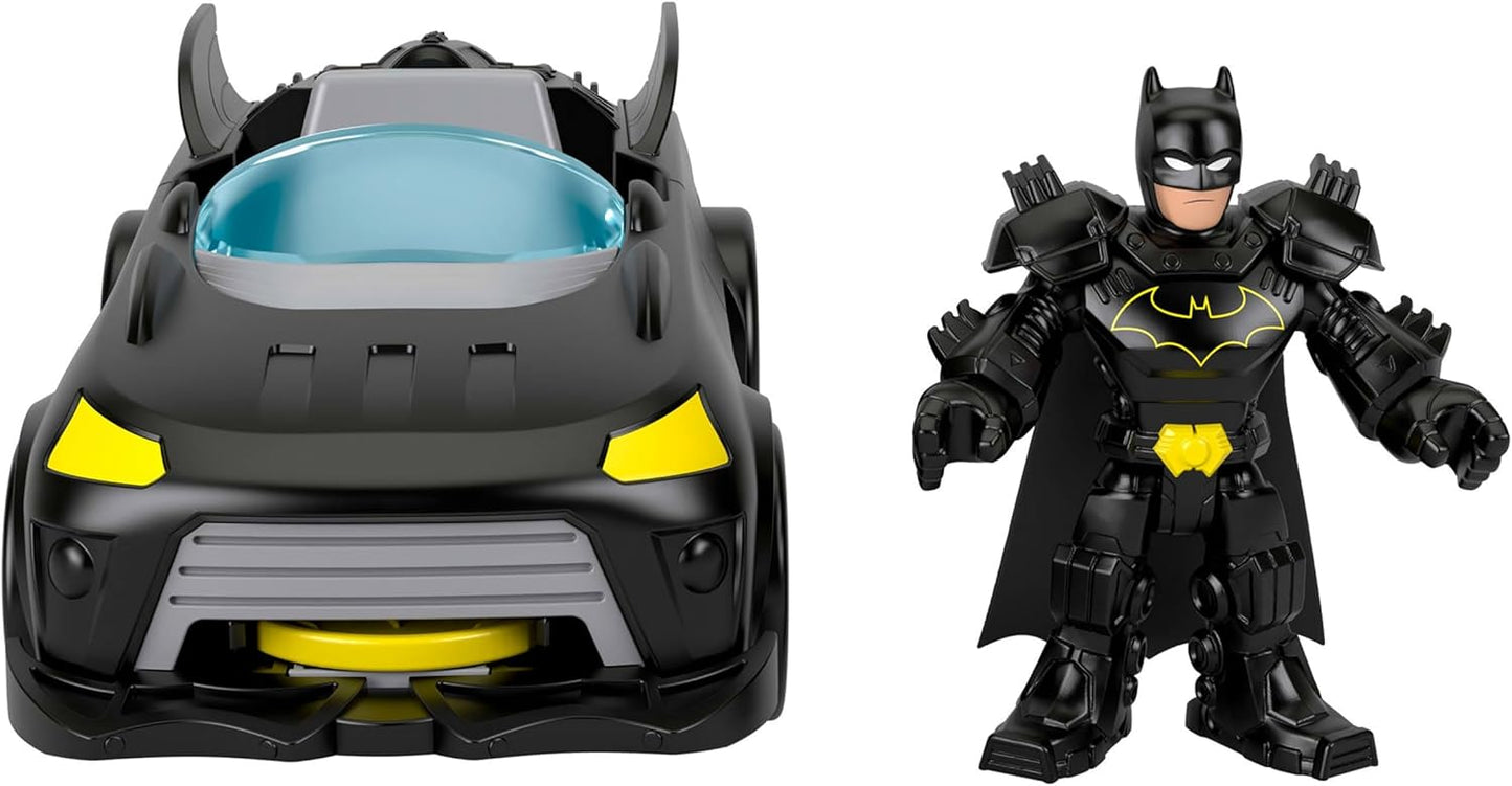 Fisher-Price Imaginext DC Super Friends Metal Force Batmóvel, Figura de Ação do Batman de 7,6 cm e Conjunto de Acessórios, Inclui Lançador e 2 Discos, JFJ68