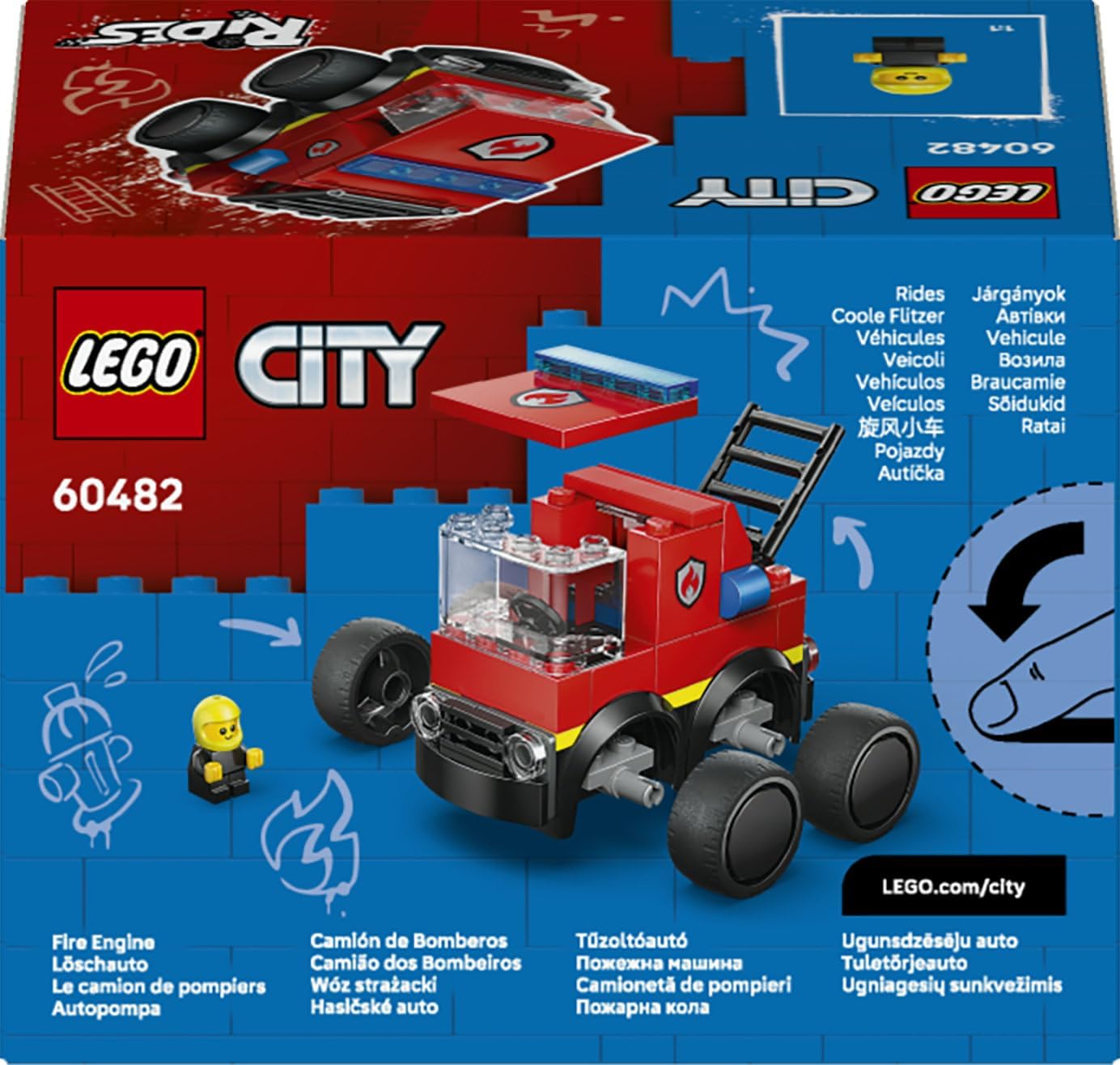 LEGO City Rides – Caminhão de Bombeiros de Brinquedo - Conjunto de Construção de Veículos de Emergência com Minifigura de Bombeiro Júnior - Lembrancinhas de Festa - Pequeno Presente Colecionável para Meninos a partir de 5 Anos - 60482