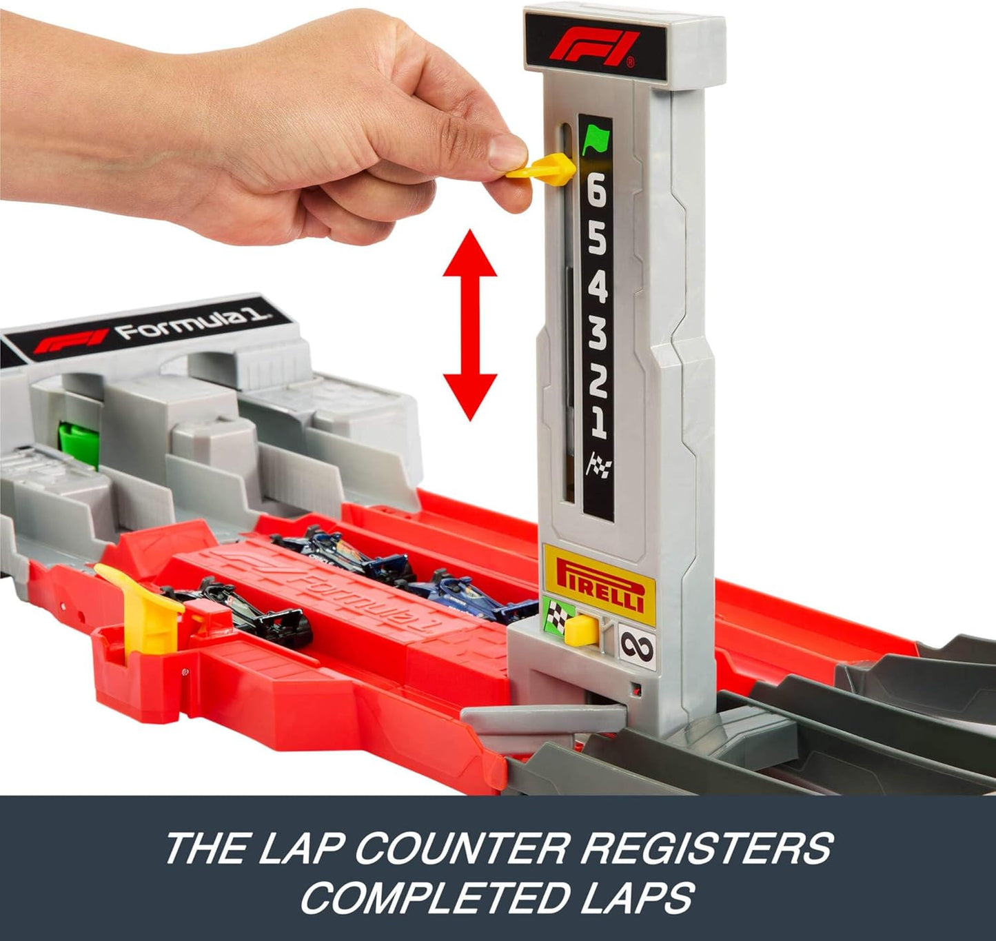 Conjunto de Pista de Carrinhos Hot Wheels, Circuito de Fórmula 1 com 3 Carrinhos de Brinquedo Die-Cast na Escala 1:64, Dois Modos de Corrida com Impulsor Motorizado, JLB13