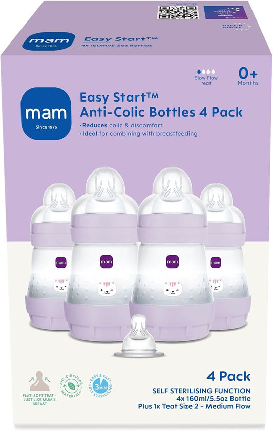 MAM Mamadeiras anticólicas Easy Start | Pacote com 4 (4 x 160 ml) | Mamadeira autoesterilizável | Bicos MAM de fluxo lento tamanho 1 + 1 bico de fluxo médio tamanho 2 | Iris (Vários modelos)