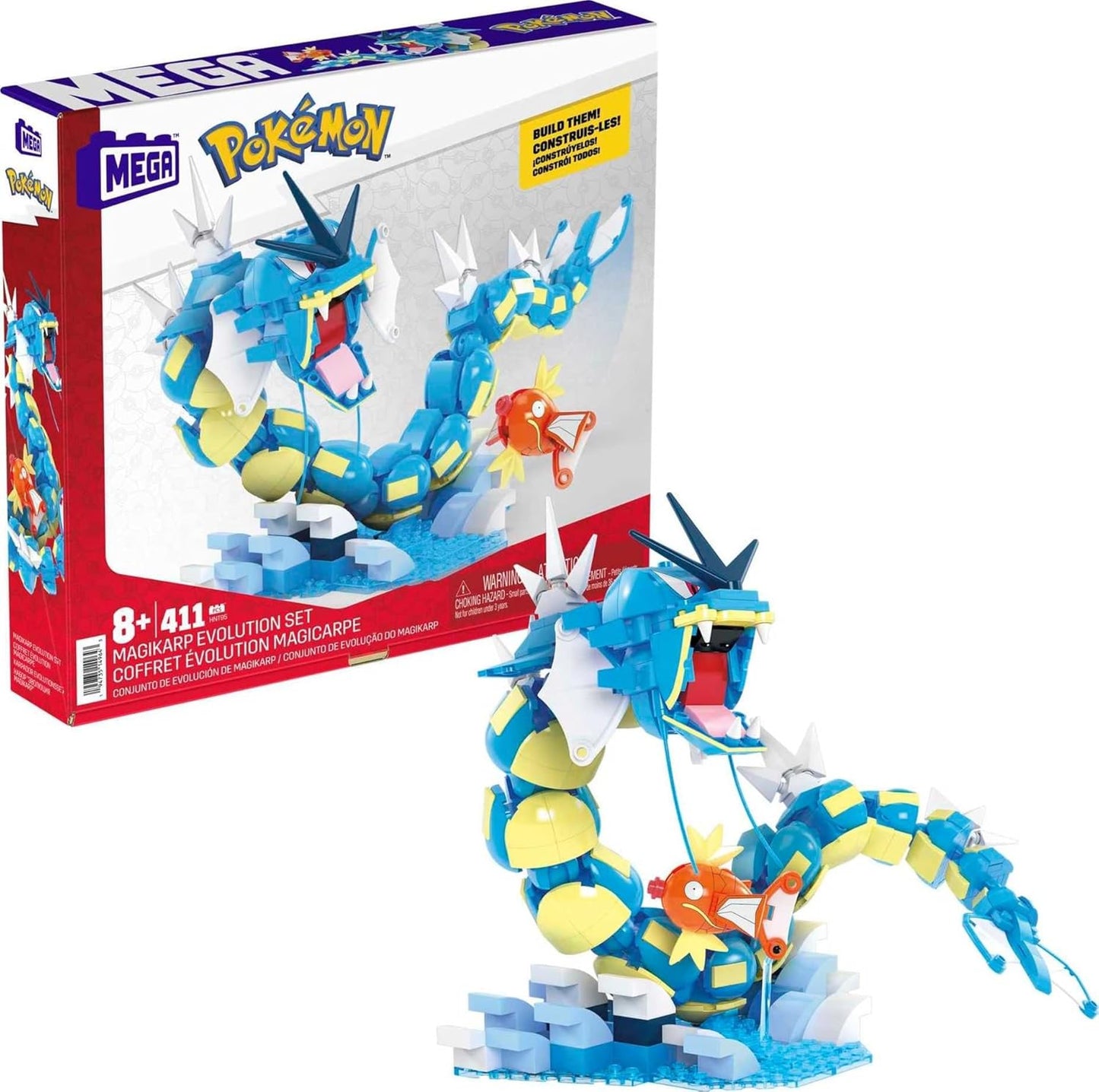 MEGA Conjunto de brinquedos de construção de bonecos de ação Pokémon para crianças, conjunto de evolução Magikarp com 411 peças, Gyarados montável e articulável, 20 polegadas, HNT95