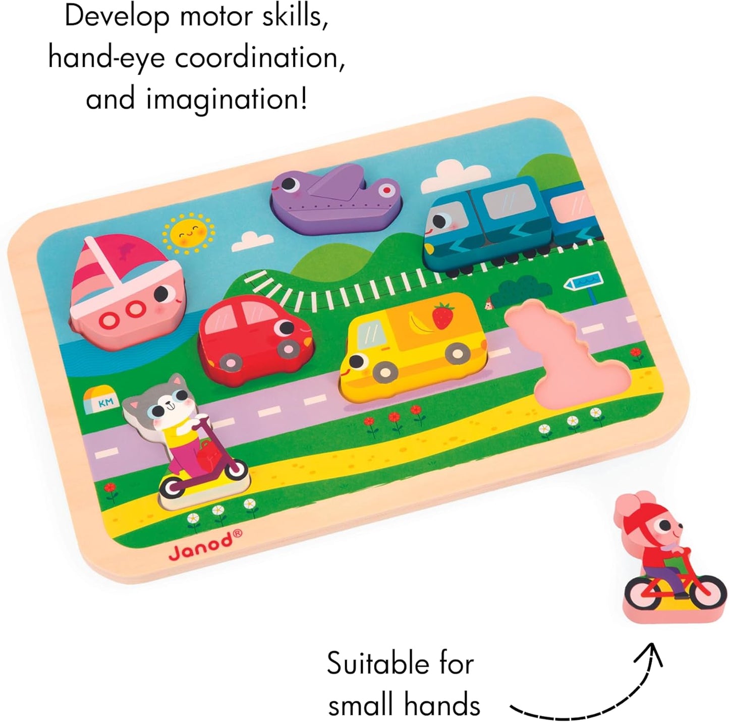 Janod - Quebra-cabeça robusto de “Veículos” - Madeira FSC - 7 peças - Desenvolve habilidades motoras finas, concentração e imaginação - 18 meses +,