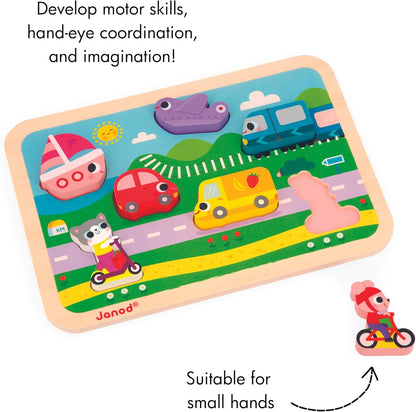 Janod - Quebra-cabeça robusto de “Veículos” - Madeira FSC - 7 peças - Desenvolve habilidades motoras finas, concentração e imaginação - 18 meses +,