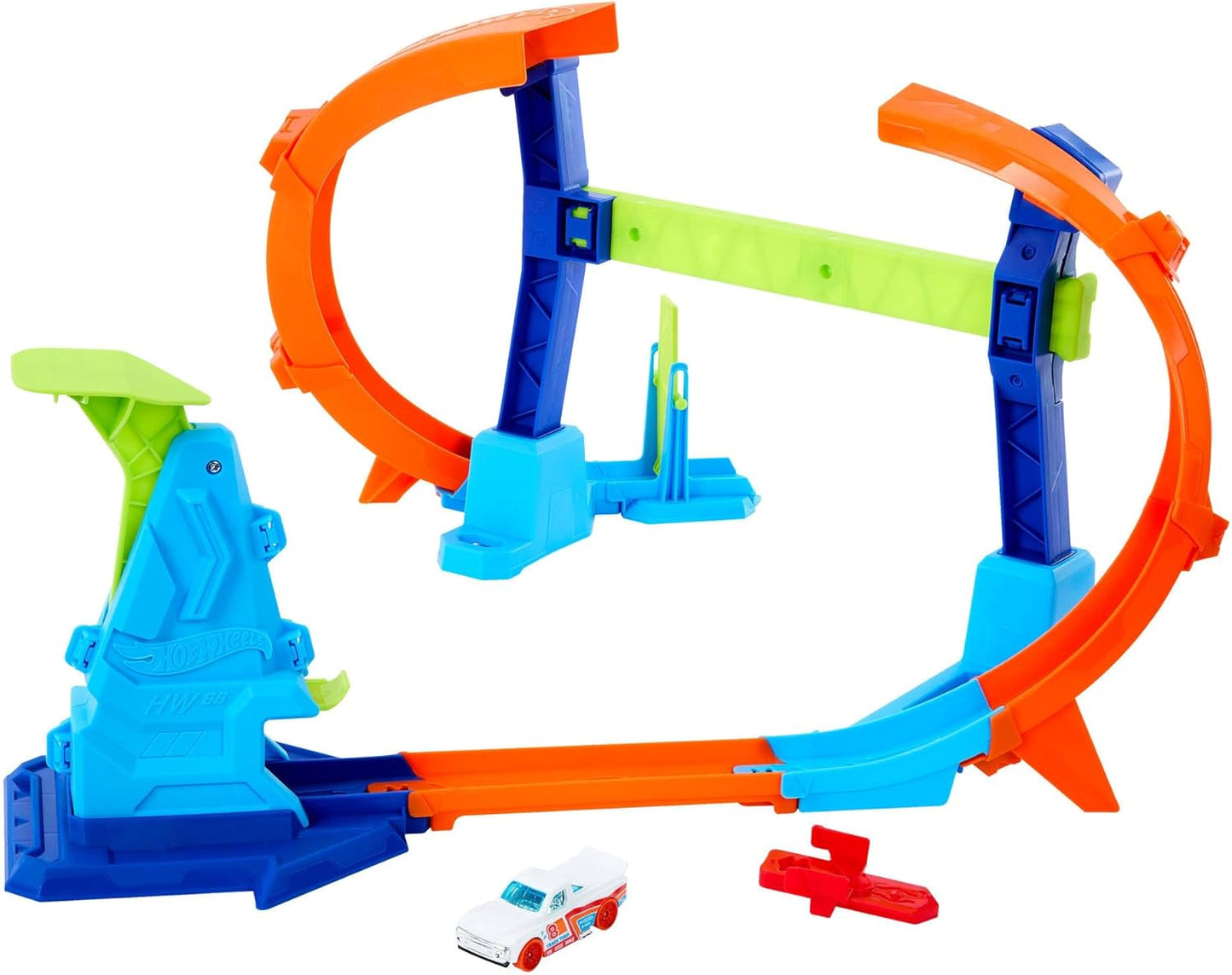 Conjunto de Pista para Carrinhos Hot Wheels, Incline e Salte Através do Loop em Espiral com um Carrinho de Brinquedo em Escala 1:64, Pista Speed Snap e Adaptadores, Compressível para Armazenamento, JFH36