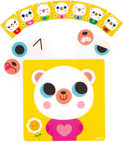Janod - Jogo para Aprender, Gerir e Reconhecer Emoções - 7 Cartas Educativas - 1 Quadro Magnético - 30 Ímanes - Brinquedo Educativo Magnético de Madeira - A partir dos 2 Anos - J05446