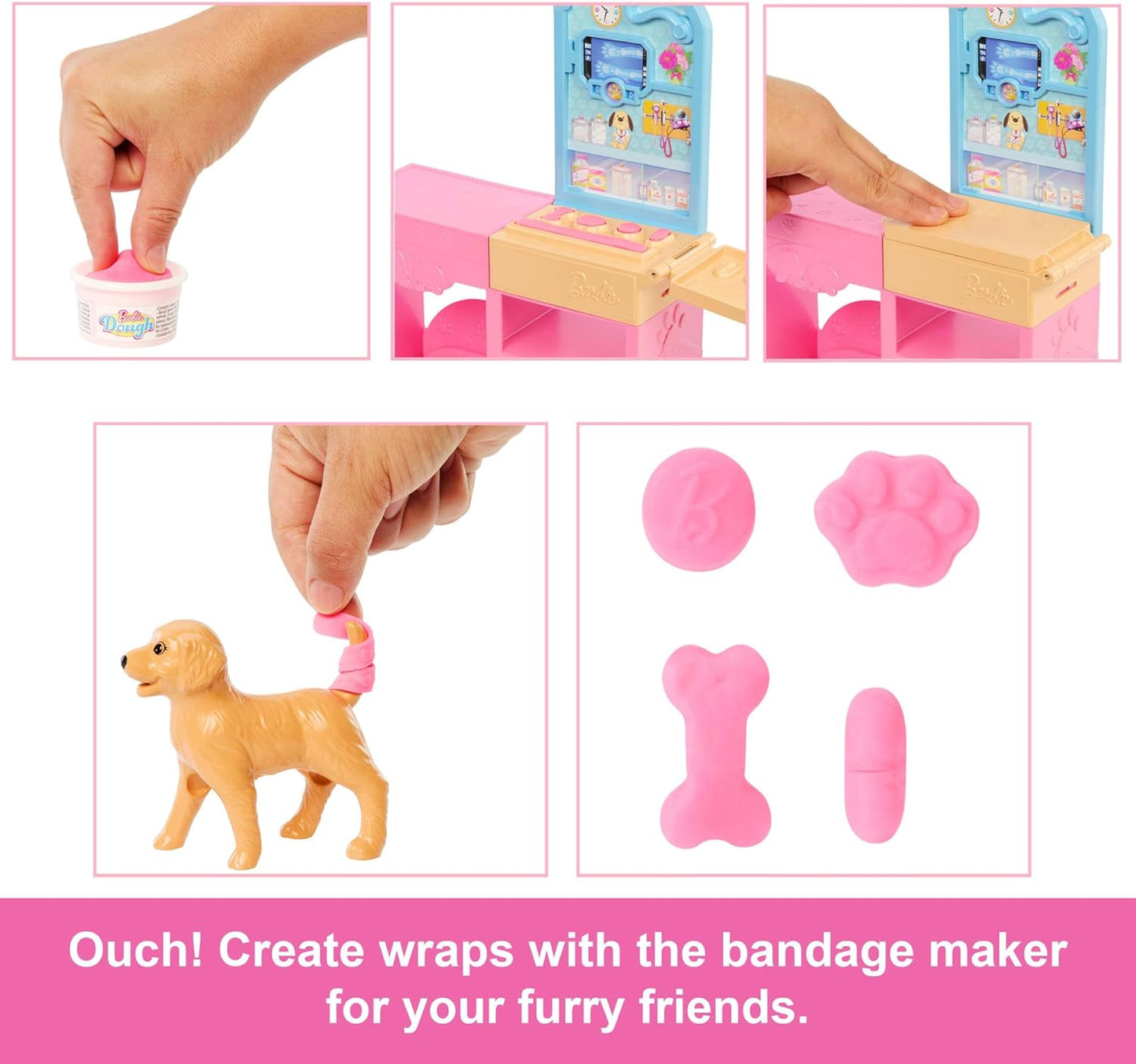 Barbie Conjunto de Clínica Veterinária Fast Cast com Boneca Fashion de Cabelo Rosa, Mobiliário Veterinário e Mais de 10 Acessórios, Incluindo Moldes e Massa para Curativos.