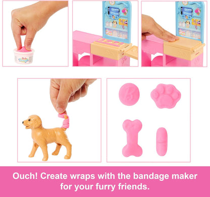 Barbie Conjunto de Clínica Veterinária Fast Cast com Boneca Fashion de Cabelo Rosa, Mobiliário Veterinário e Mais de 10 Acessórios, Incluindo Moldes e Massa para Curativos.