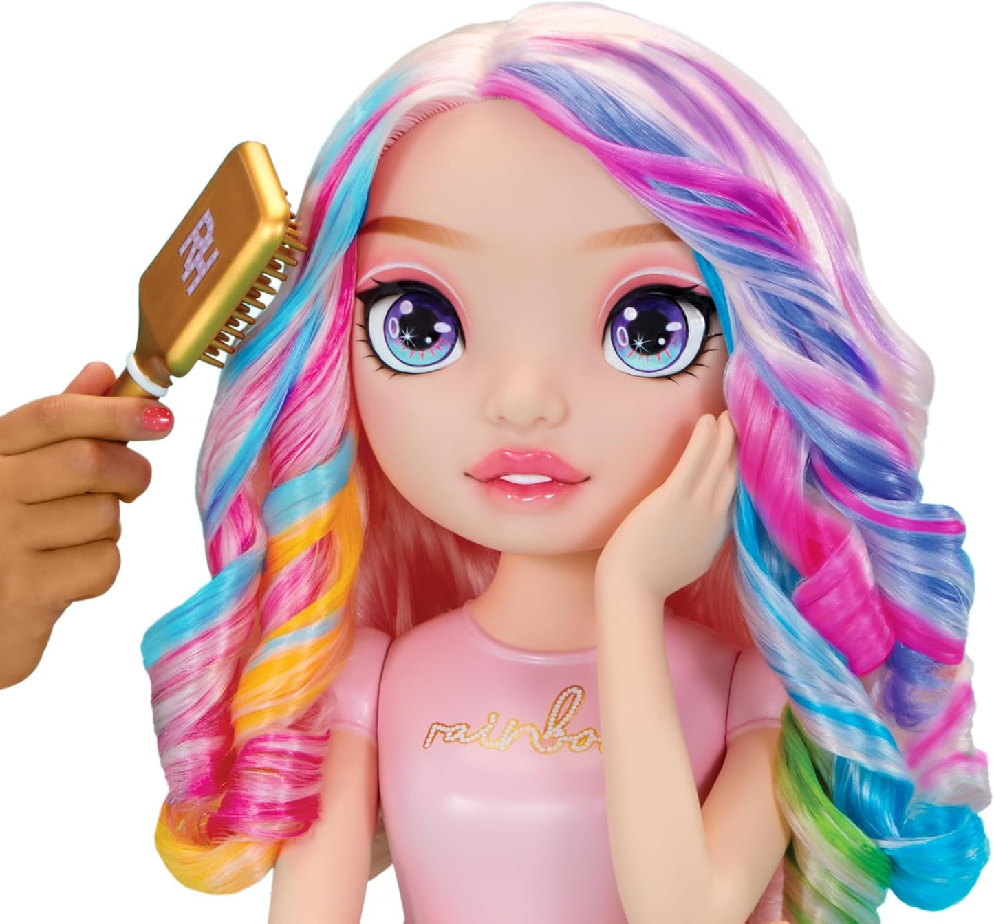 Cabeça de Pentear Rainbow High - 33 cm Bella - Conjunto 4 em 1 com Cremes de Cabelo Laváveis, Esmalte, Escova e Pincel para Colorir o Cabelo. Penteie, pinte e lustre. Repita o processo. Para crianças de 4 a 12 anos.