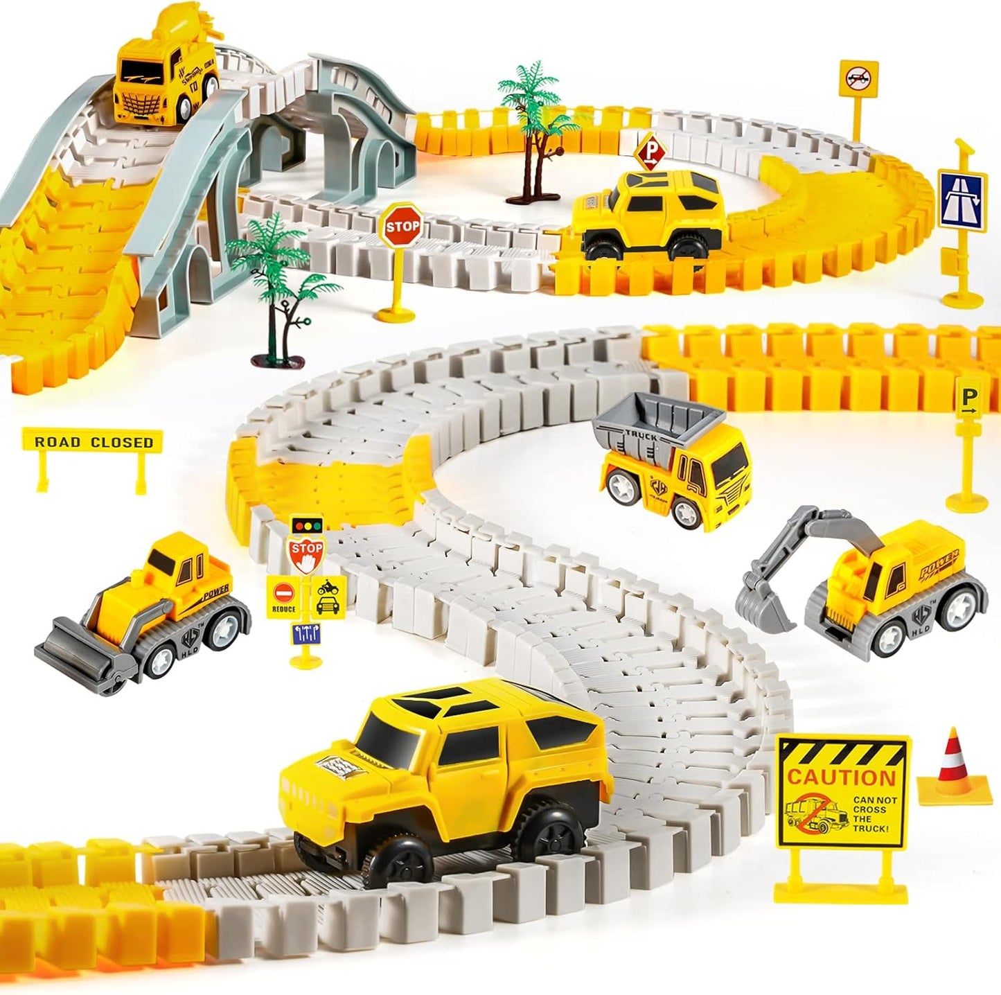Conjunto de Pistas de Corrida de Construção com 260 Peças para Crianças, Incluindo 2 Carrinhos Elétricos, 4 Carrinhos de Construção, 1 Mapa e Kit de Pistas Flexíveis para Montar. Presente Ideal para Crianças de 3, 4, 5 e 6 Anos.