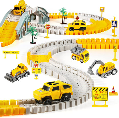 Conjunto de Pistas de Corrida de Construção com 260 Peças para Crianças, Incluindo 2 Carrinhos Elétricos, 4 Carrinhos de Construção, 1 Mapa e Kit de Pistas Flexíveis para Montar. Presente Ideal para Crianças de 3, 4, 5 e 6 Anos.