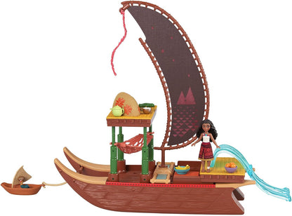 Mattel Conjunto Disney Moana 2 – Canoa de Aventura que Flutua | Boneca pequena articulada da Moana com saia removível, figura do animal Heihei, 6 áreas de brincar e 10 acessórios, JBT54