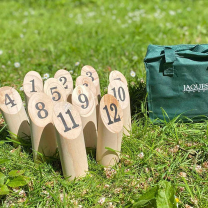 Jaques of London Skittles de madeira | Jogos de arremesso | Jogo de Skittles para jardins | Jogos ao ar livre para adultos e crianças | Desde 1795