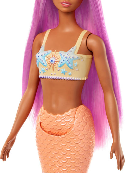 Barbie Bonecas de sereia com cabelo de fantasia e acessórios de faixa de cabeça, brinquedos de sereia com corpete inspirado em conchas e caudas coloridas, HR03