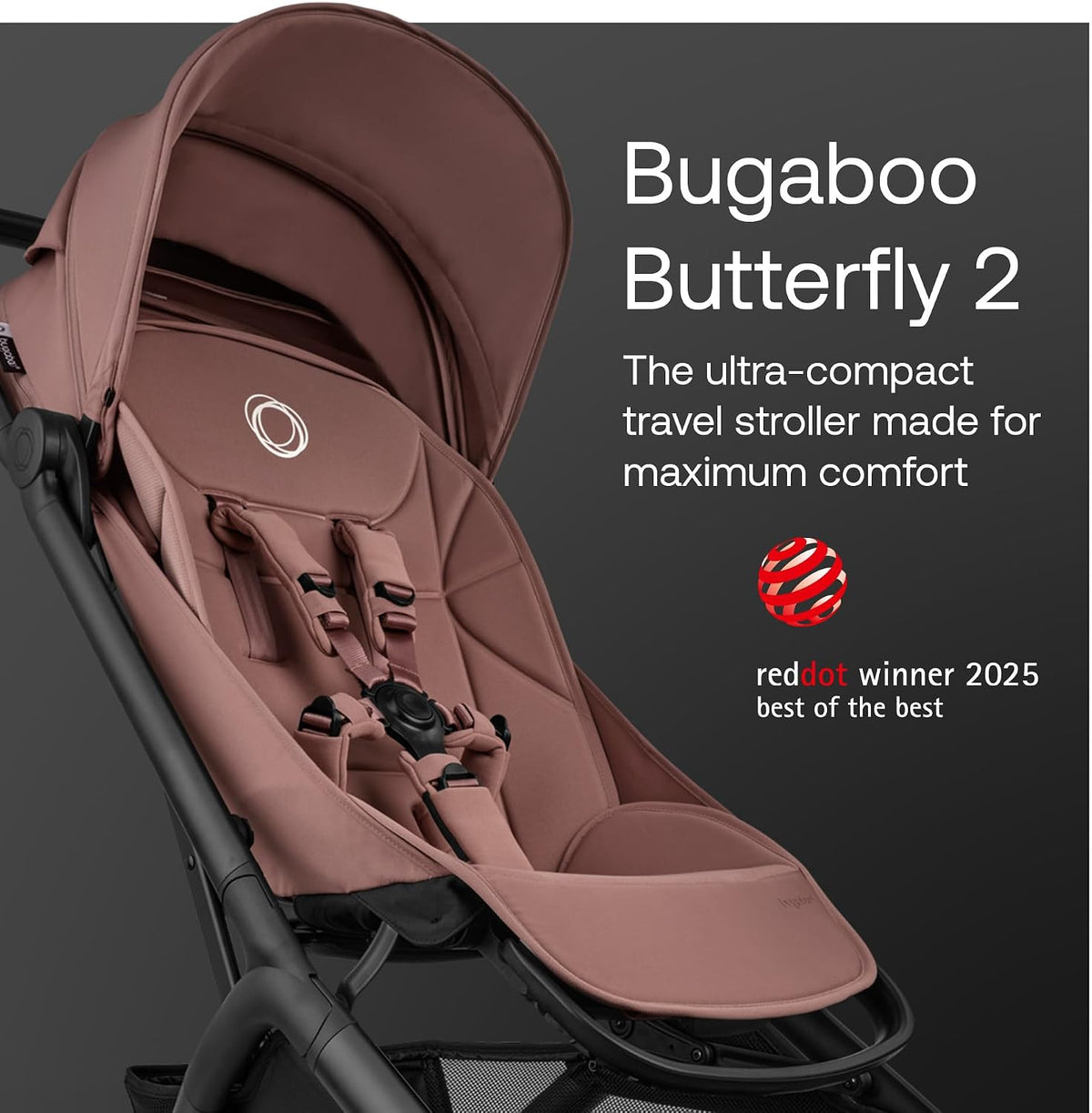 Bugaboo Carrinho de Bebê Butterfly 2 – Leve, para Viagem e Tamanho de Bagagem de Mão – Kit com Barra de Proteção – Dobrável com uma Mão, Assento Reclinável, Cesto de Armazenamento e Alça de Transporte – Rosa Empoeirado (Dusty Pink)
