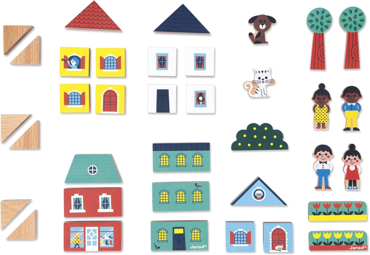 Janod - Conjunto de 36 cubos de madeira maciça - Tema de cidade - Complemento ideal para tapetes de carro - Brinquedo de construção - Desenvolve a imaginação - FSCTM Madeira