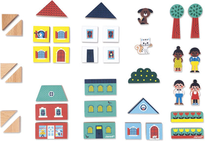 Janod - Conjunto de 36 cubos de madeira maciça - Tema de cidade - Complemento ideal para tapetes de carro - Brinquedo de construção - Desenvolve a imaginação - FSCTM Madeira