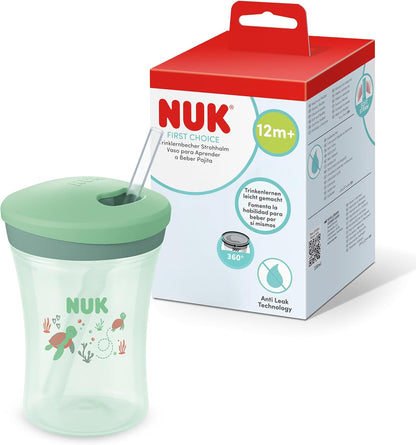 NUK Copo de Treinamento com Canudo First Choice | 12+ meses | 230 ml | Copo antivazamento com canudo para crianças pequenas | Tartaruga Verde | 1 unidade