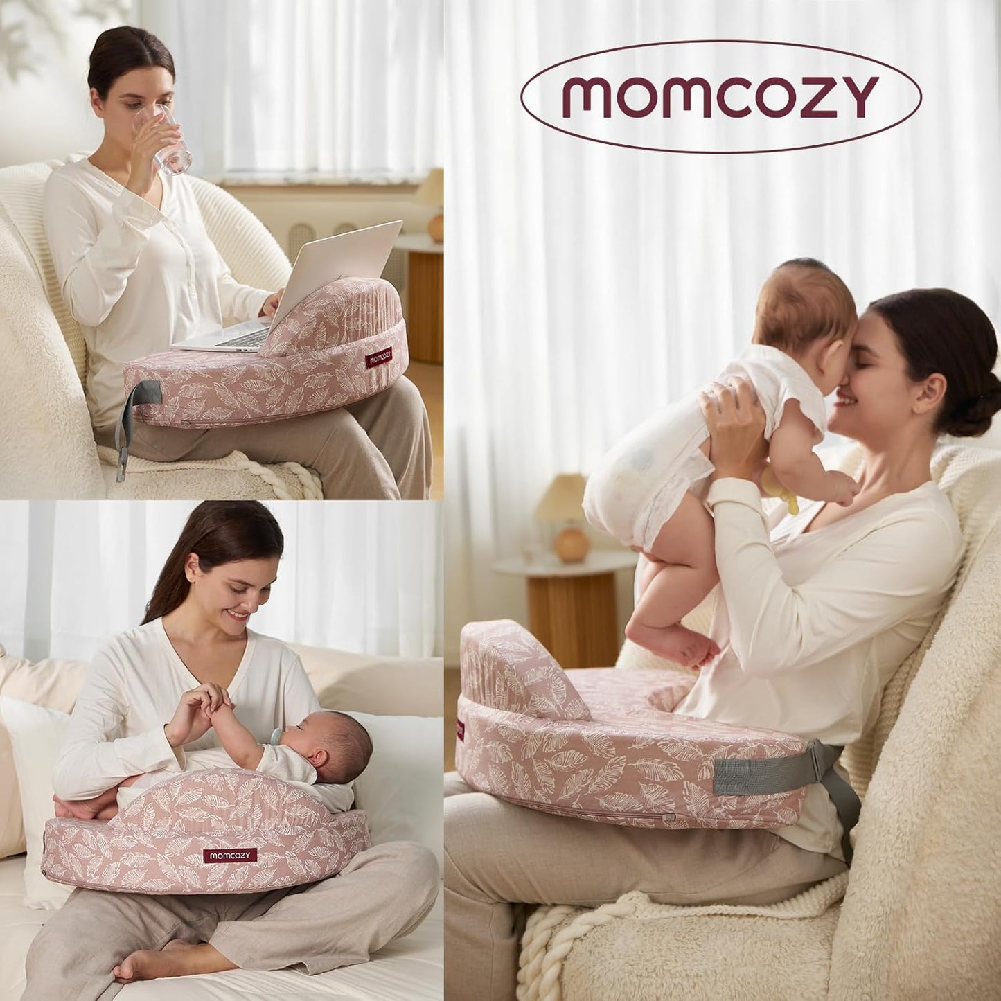 Momcozy Almofada de amamentação em espuma viscoelástica, ergonômica, com proteção lateral, amplo suporte, alça ajustável e capa de algodão removível, rosa.