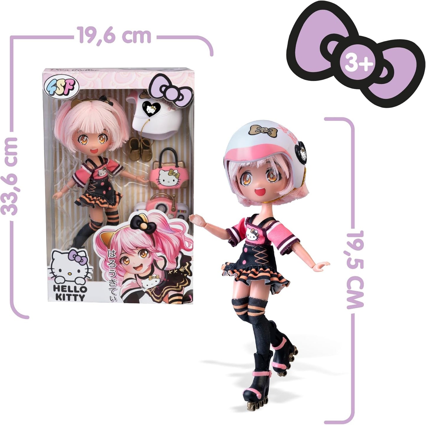 Hello Kitty 4SF Famosa Golden Diva Roller, boneca japonesa fashion com visual de patins, figura de 19,5 cm com 15 pontos de articulação, inclui capacete, bolsa, acessórios musicais e botas (HKTF1000)