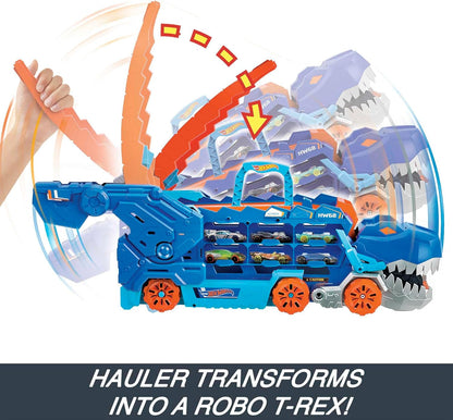 Hot Wheels City Racetrack, Ultimate T-Rex Transporter 2 em 1 com luzes e sons, armazenamento de brinquedos para 20 carros, inclui 2 carros de brinquedo, brinquedos para maiores de 4 anos, um pacote, HNG50
