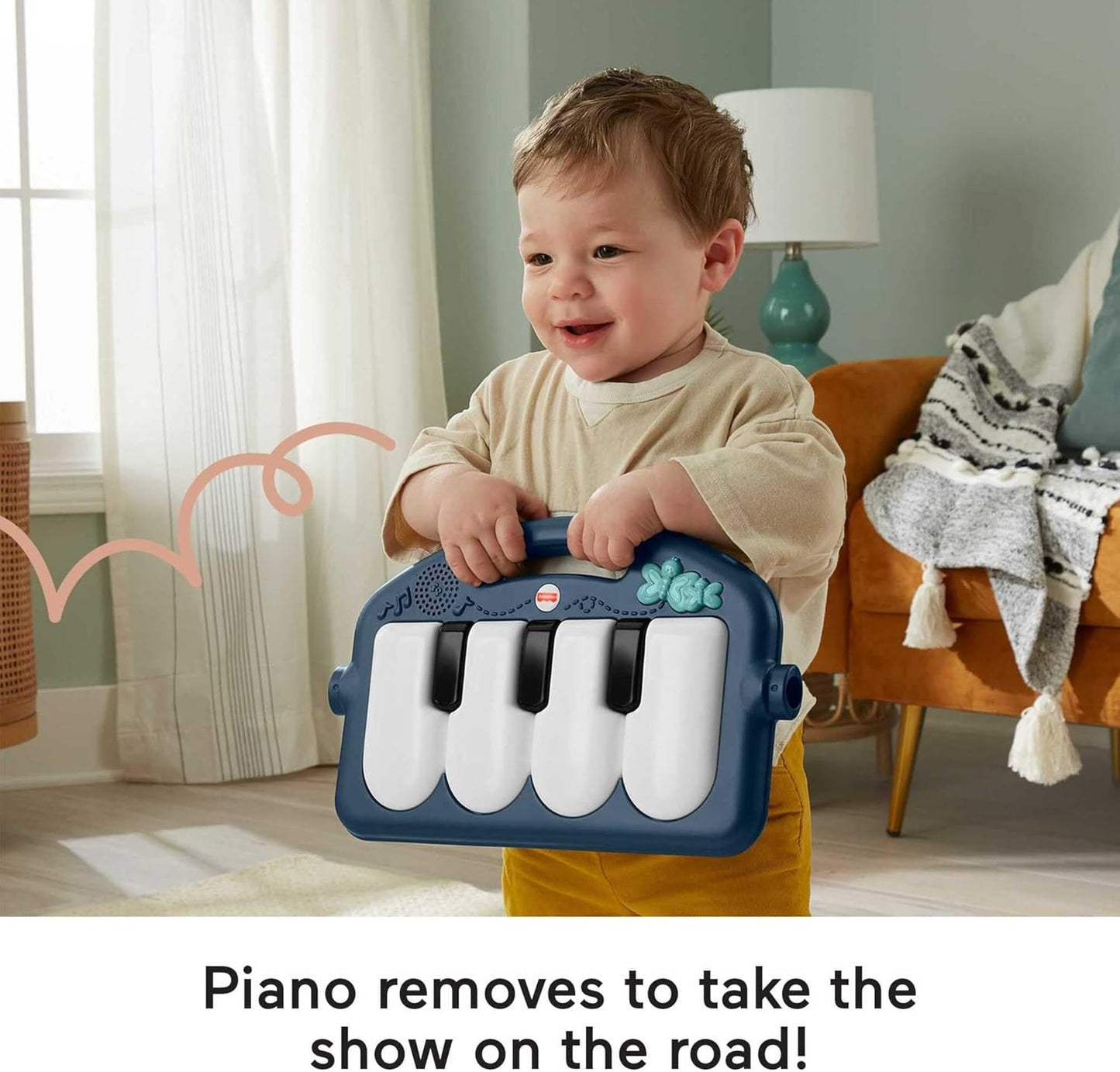 Tapete de atividades Fisher-Price Baby com piano, brinquedos musicais e sensoriais para bebês e crianças pequenas, azul marinho e bege, HKX37
