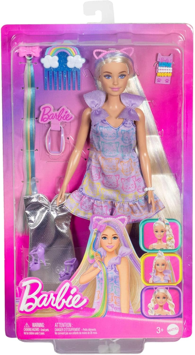Barbie Fun & Fancy Boneca e Acessórios, Boneca Fashion Loira com Cabelo Extralongo e 2 Looks, Incluindo Vestido Prateado Metálico e Aplique de Cabelo, JCT72