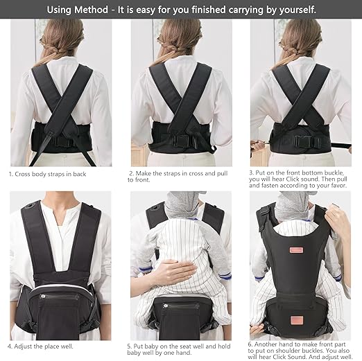 Bebamour portador de bebê recém-nascido para criança série X portador de bebê hipseat com 2 peças de almofadas de dentição, acolchoamento de cintura, preto