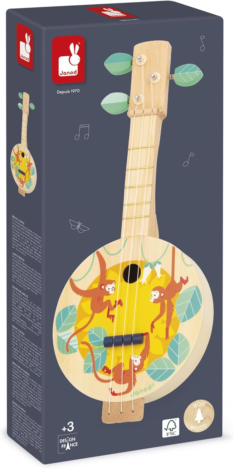 Janod - Banjo de madeira - Instrumento musical infantil - 3 cordas extras incluídas - Brinquedo de imitação musical - Guitarra banjo infantil - A partir de 3 anos - J07661