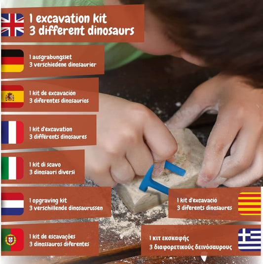 Science4you Dinosaur Fossil Excavation 3 em 1 para crianças - Kit de escavação de fósseis de dinossauros, T-Rex e Triceratops e Stegosaurus - Monte 3 dinossauros, conjunto de arqueologia