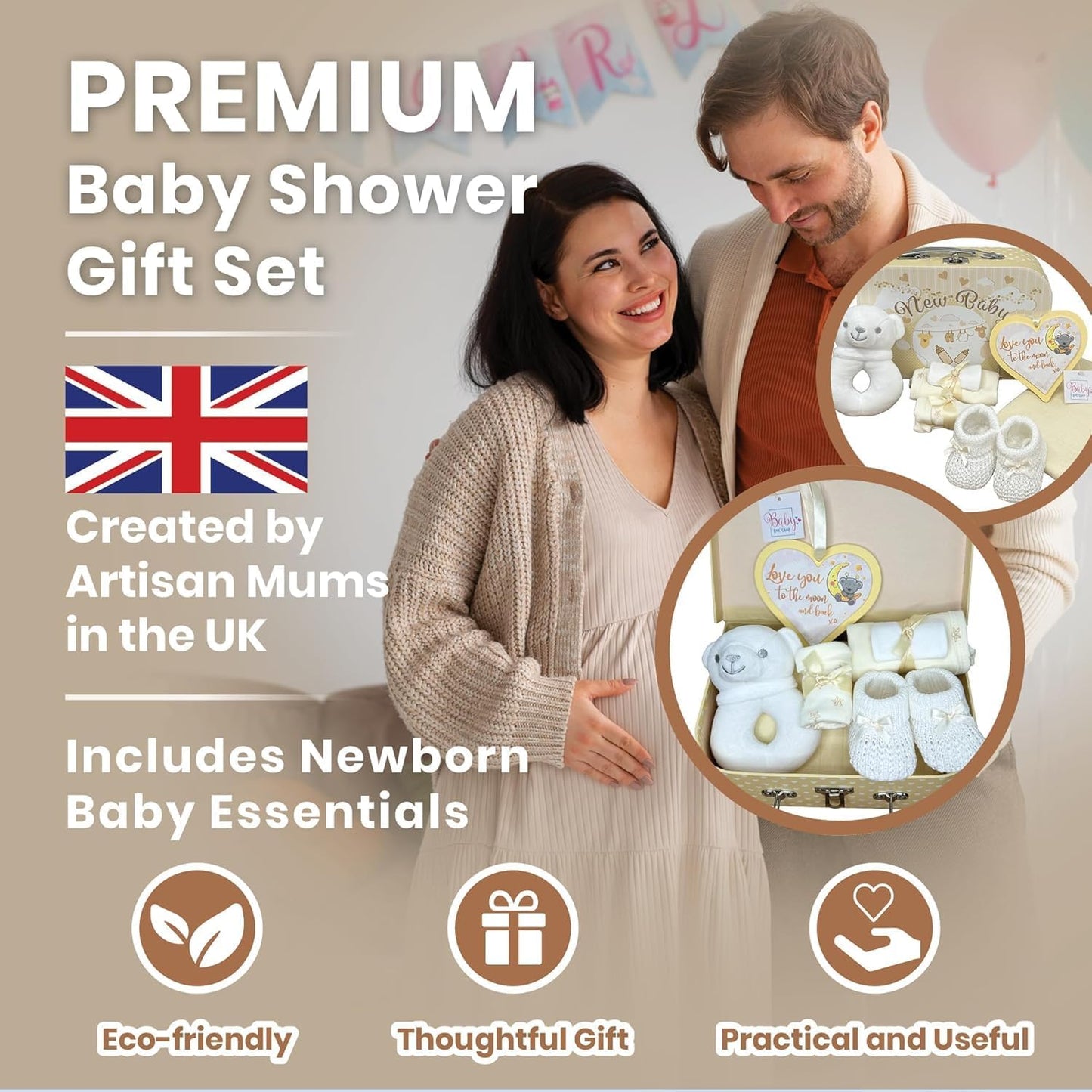 Baby Box Shop - Conjunto de presente para recém-nascidos - Cesta premium com chocalho para cachorro, porta-retratos, tecido de musselina, chá de bebê para recém-nascidos