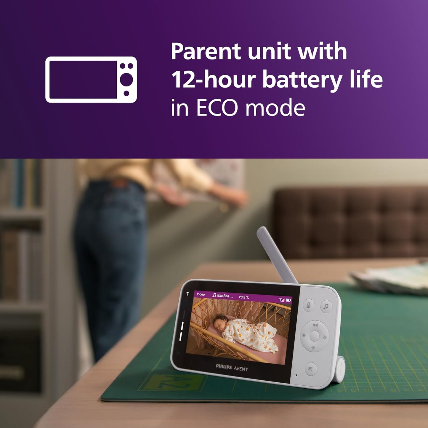 Philips Avent Monitor de bebê conectado com Wi-Fi, câmera HD, visão noturna infravermelha, detecção de choro, áudio bidirecional, 12 horas de tela no modo econômico, modelo SCD951/26