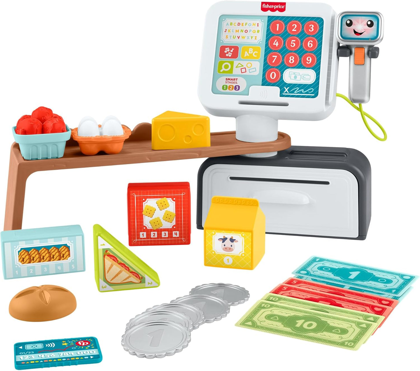Brinquedo educativo Fisher-Price para crianças a partir de 2 anos: caixa registradora, loja de brincar com 20 peças, para brincar de contar e comprar. Versão multilíngue. JGW97