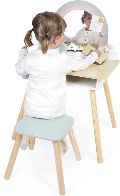 Janod - Penteadeira de menina - Tema unicórnio - Jogo de imitação - Penteadeira com espelho e banquinho de brinquedo - 10 acessórios - Dimensões 56,6 x 42,5 x 86,25 cm - A partir de 3 anos - J06464