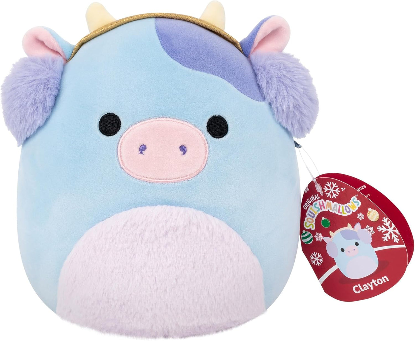 Squishmallows Original Clayton, a Vaca Azul de 19 cm com Protetores de Orelha, Pelúcia de Natal | Brinquedo de Pelúcia Colecionável e Fofo, Brinquedo Macio para Crianças, Ursinhos de Pelúcia Adoráveis