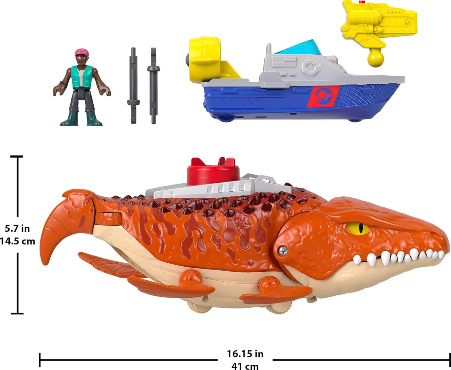 Fisher-Price Imaginext Jurassic World Rebirth Aquachomp Chase Mosasaurus - Brinquedo de dinossauro de 45 cm com figura de ação de 7,5 cm, barco lançador e 2 projéteis, JFR23