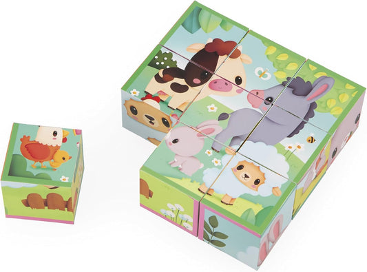 Janod - Quebra-cabeça de cubos de papelão para crianças e bebês - Tema fazenda - 9 cubos e 6 quebra-cabeças possíveis - Brinquedos para a primeira infância - Motricidade fina - Tinta à base de água - A partir de 2 anos, J03329