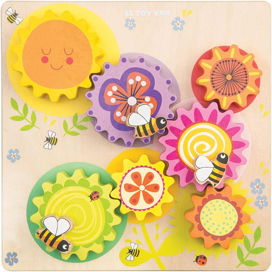 Le Toy Van - Petilou Juguete educativo de madera Montessori Gears &amp; Cogs 'Busy Bee Learning' | Juguete de actividad sensorial para niños pequeños a partir de 1 año